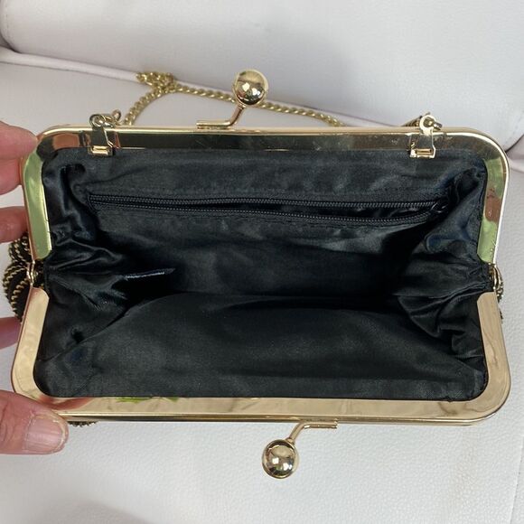 Ruffled Zipper Evening Bag Clutch Black Gold with Strap - Picture 4 of 7